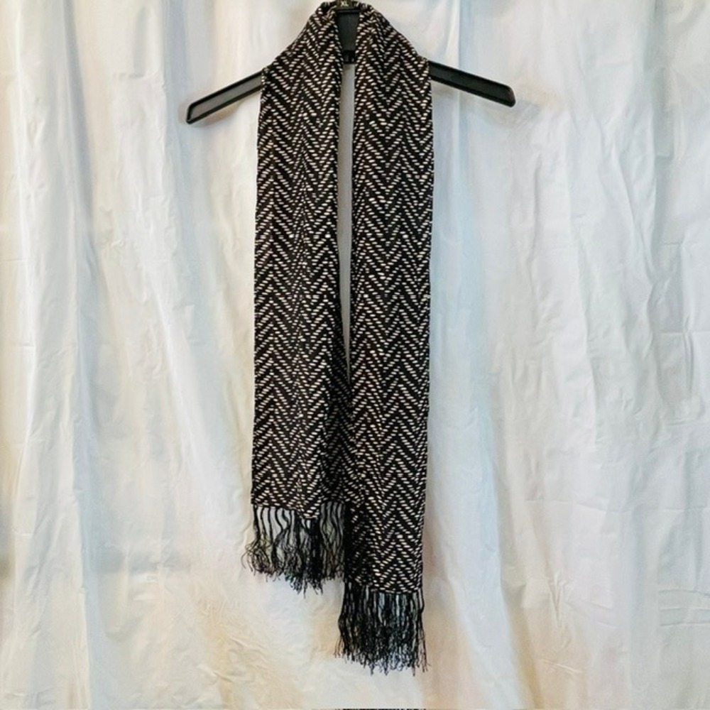 Vintage 80-90s Black Cream Geometric Oblong 100% Silk Fringed Rectangular Scarf